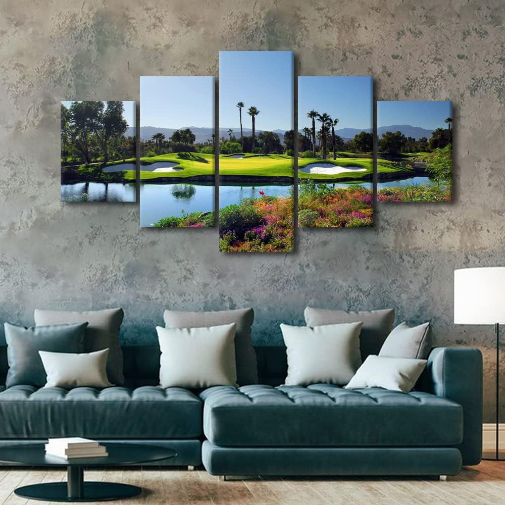 Golf Paintings Bedroom Wall Decor Green Lawn Pictures Multi Panel Canvas Wall Art Premium Quality Artwork Contemporary Home Decorations Framed Stretched Posters and Prints Ready to Hang - 60"W x 32"H
