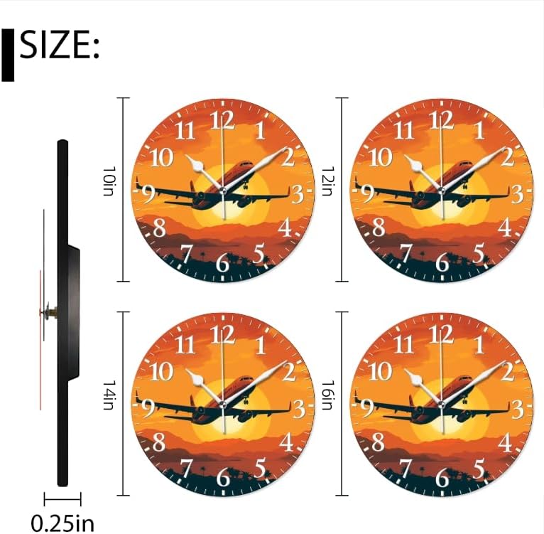 Sunset Wall Clock Non-Ticking Silent Clocks Battery Operated Analog Decor Clock for Home-Illustration of Airplane Flying Over The Sunset(14inch)