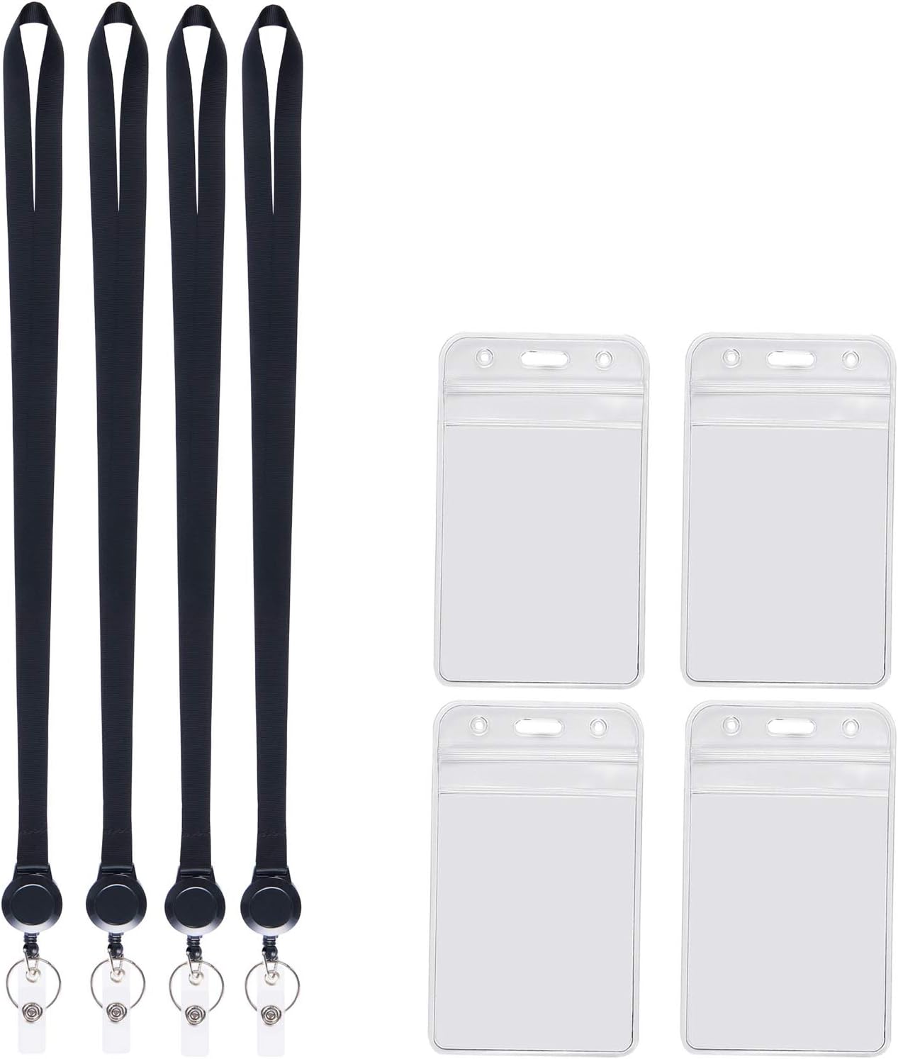 YOUOWO Lanyards Black with Retractable Badge Reel and Vertical ID Badge Holder,Punched Zipper Waterproof (4 Pack Black with Badge Reel Badge Holder)