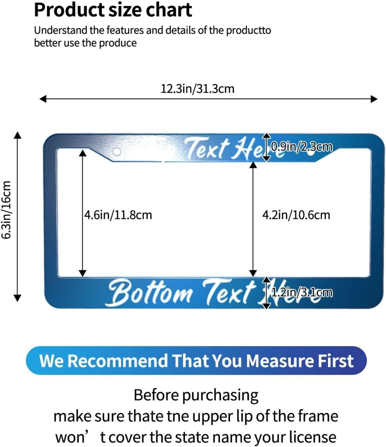 2 Pack Custom Personalized License Plate Frame Customized Car Tag Frames for Women Men with Screw Caps,12"x6",2 Holes