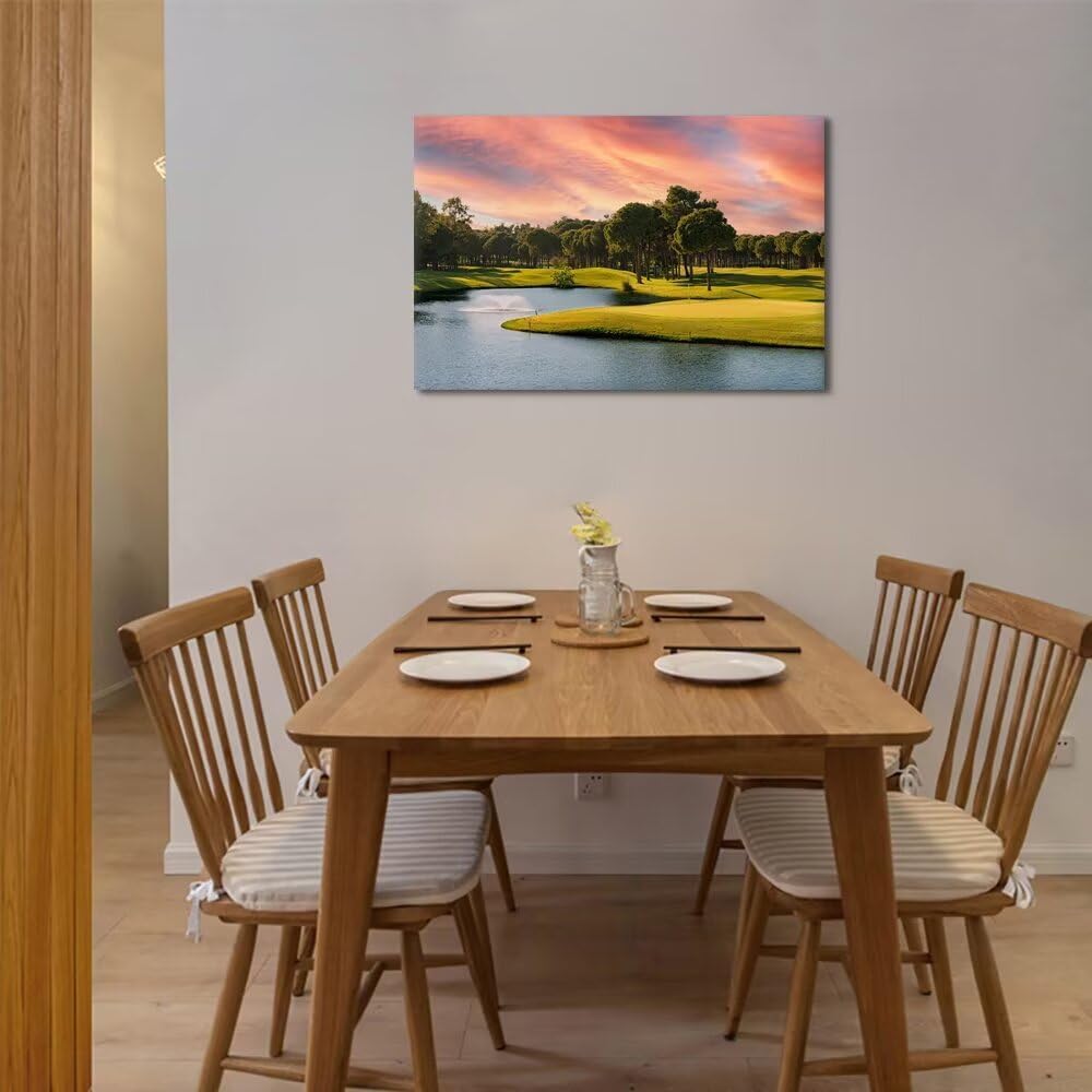 Sunset Golf Course Wall Art for Living Room Bedroom Bathroom Home Decorations Golf Course Picture Poster Print on Canvas Modern Artwork Framed Ready to Hang(12''H x 16''W)