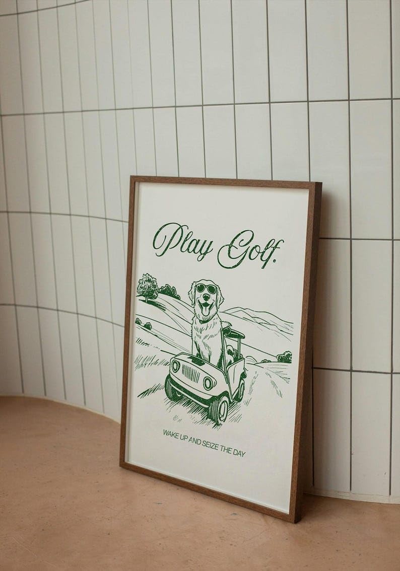 Golf Wall Art Print, Play Golf Poster with Golden Retriever in Cart, Retro Sketch Artwork, Trendy Sports Decor, Inspirational Golf Quote Print, for Dog Lovers (Unframed) (20x30)