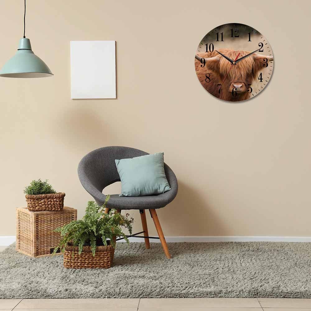 Mxocom Cow Wall Clock Brown Highland Cattle Cow Animal Farming Countryside 10 Inch Silent Non Ticking Battery Operated Clock Vintage Round Clock for Living Room Bedroom Bathroom Office Decor