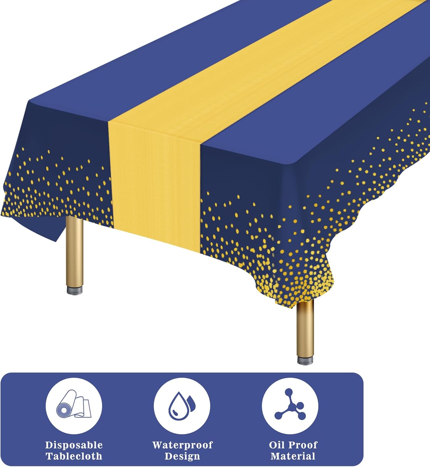 8 Packs Disposable Rectangle Tablecloth and Satin Table Runner, Blue and Gold Plastic Table Cloths for Parties Table Cover for Baby Shower Birthday Wedding Anniversary Engagement Party Decorations