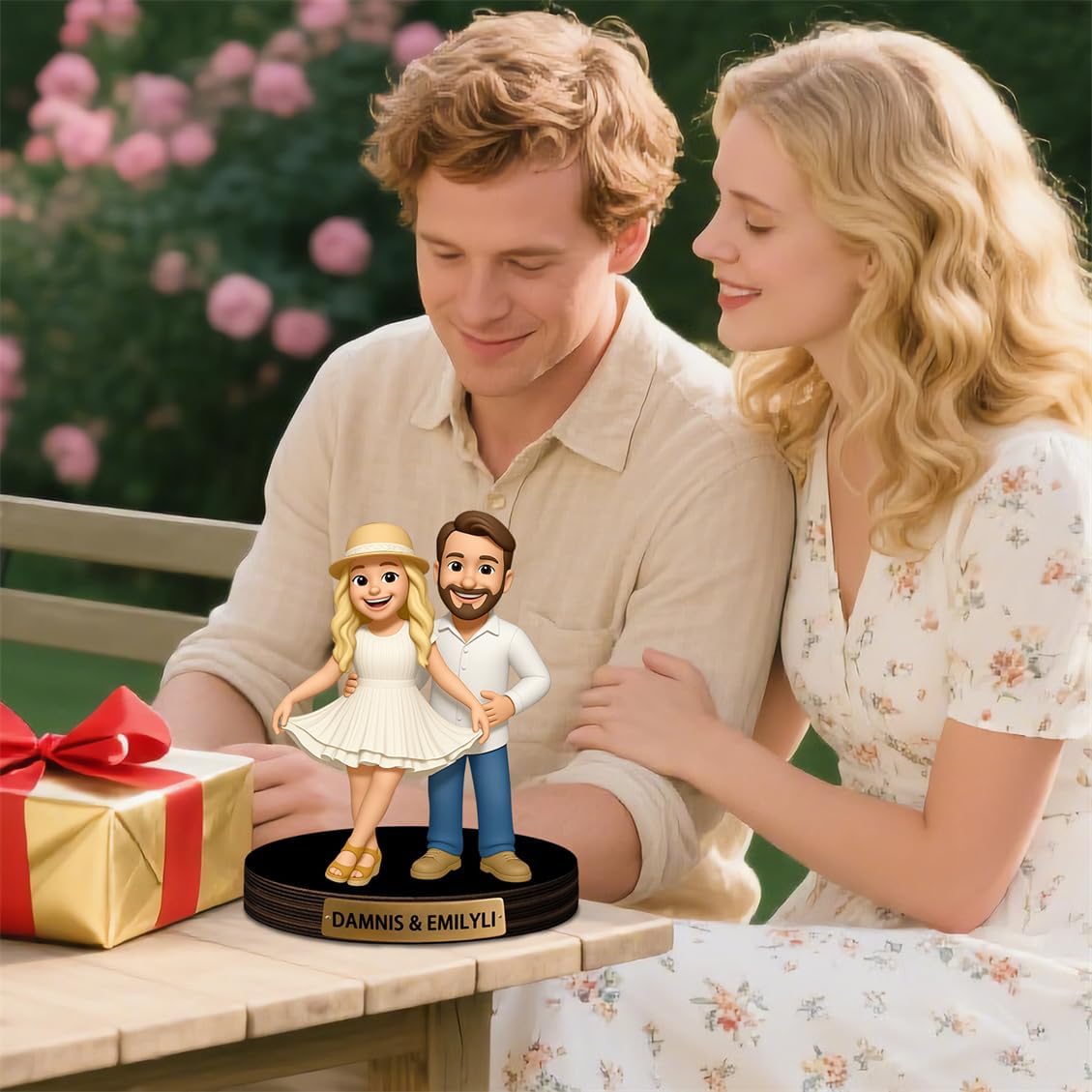 Personalized Couple Photo Cartoon Desktop Decor Custom 2D Birthday Portrait Figurine Plaque with Name Picture Acrylic Sculpture Desk Sign Ornament for Men Women Family Couple Christmas Birthday