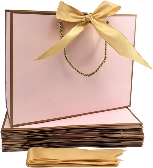 TKSBAG 12PCS Gift Bags Medium Size with Handles, 12.5 x 9.8 x 4.3 In Pink Gold Thank You Bags with Bow Ribbon for Wedding, Birthday, bridesmaid, Groomsmen, Party Favors, Thanksgiving, Christmas