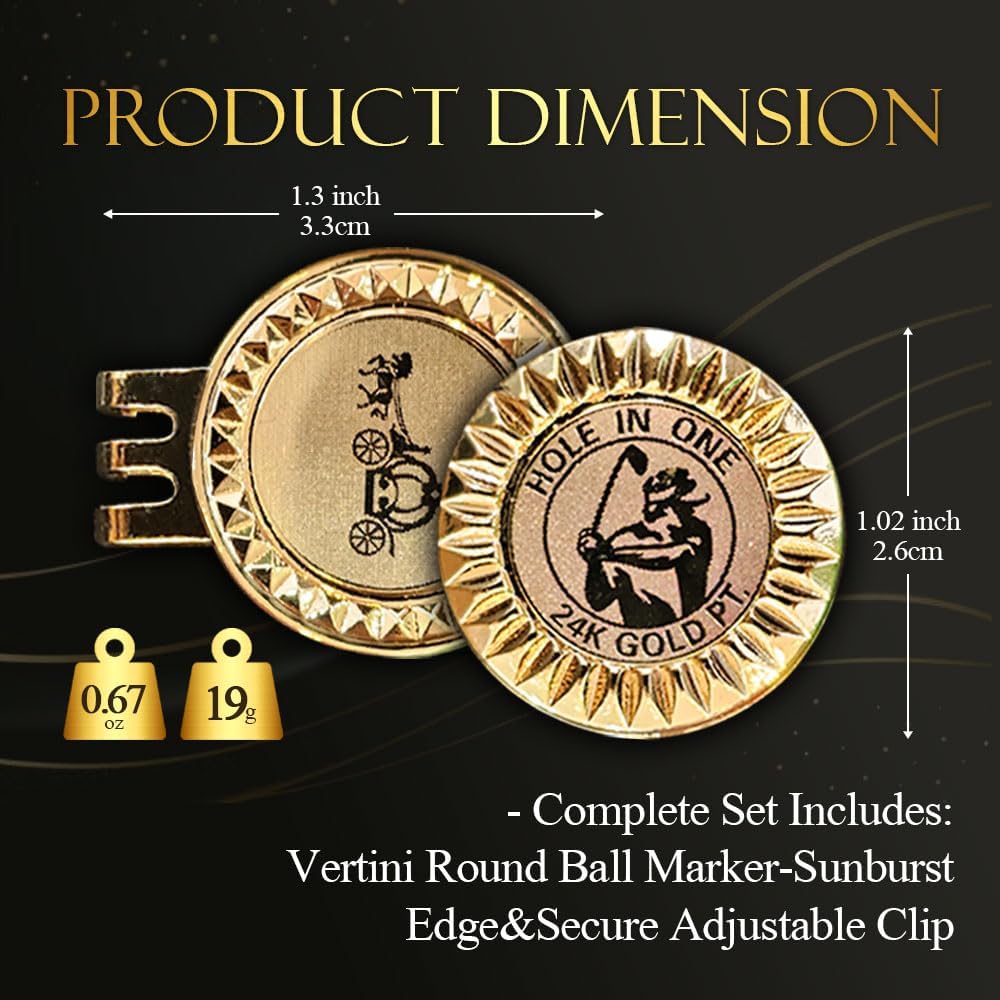 24K Gold Plated Golf Ball Marker with Magnetic Hat Clip - Luxury Golf Gifts for Men, Unique Golf Accessories for Dad, Boss, Husband, Unique Golf Gifts for Men Who Have Everything [ Sunburst ]