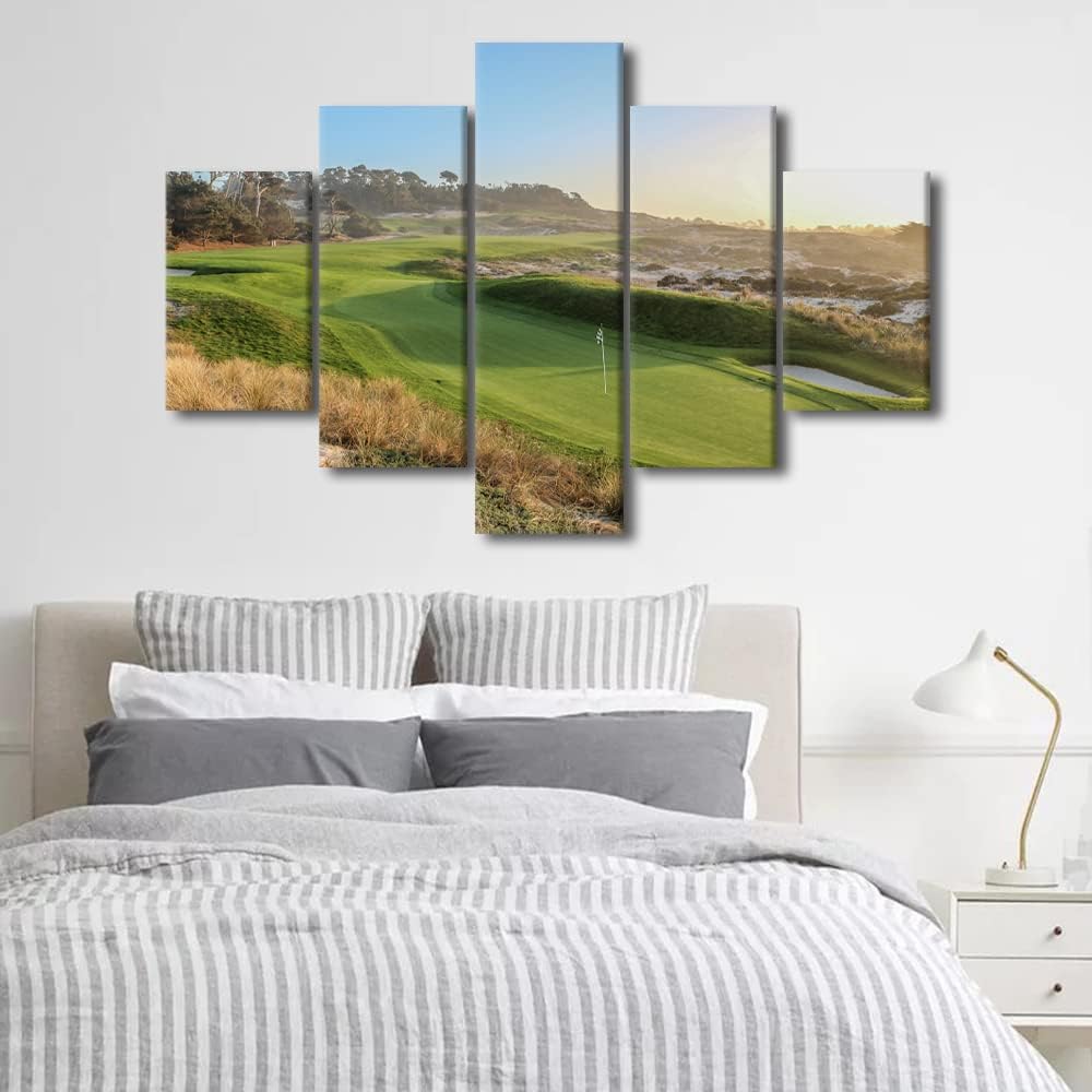 5 Piece American Golf Course Wall Art Gallery Wrap Golf Course Poster Canvas Wall Art Prints Course Scenery Modern Home Decor Artwork for Living Room Bedroom Office Framed Ready to Hang - 60"W x 40"H
