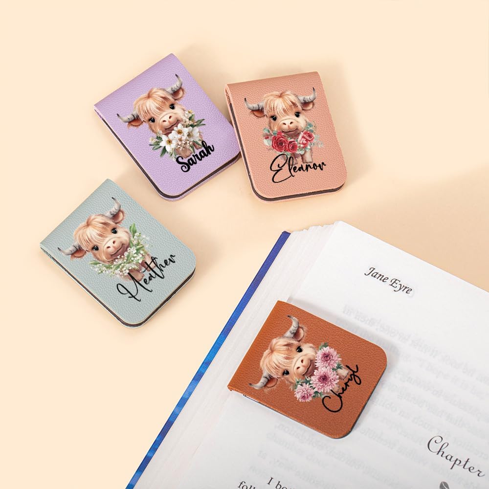 CALLIE Personalized Magnetic Bookmark Clip – Custom Name Reading Gifts for Book Lovers, Birthday Teacher's Day Christmas for Bookworm Gifts (Highland Cow Birth Flower)