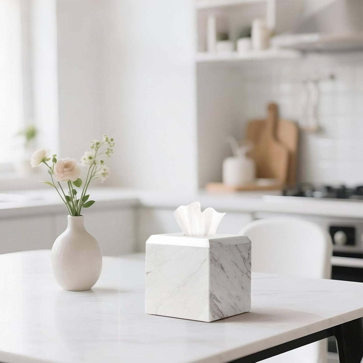 WORHE Tissue Box Cover Italy Natural Marble Heavy Duty Square Facial Toilet Paper Holder for Bathroom Living Room Bedroom Dresser Vanity Kitchen Minimalistic Office Home Decor Jazz White (WH014)