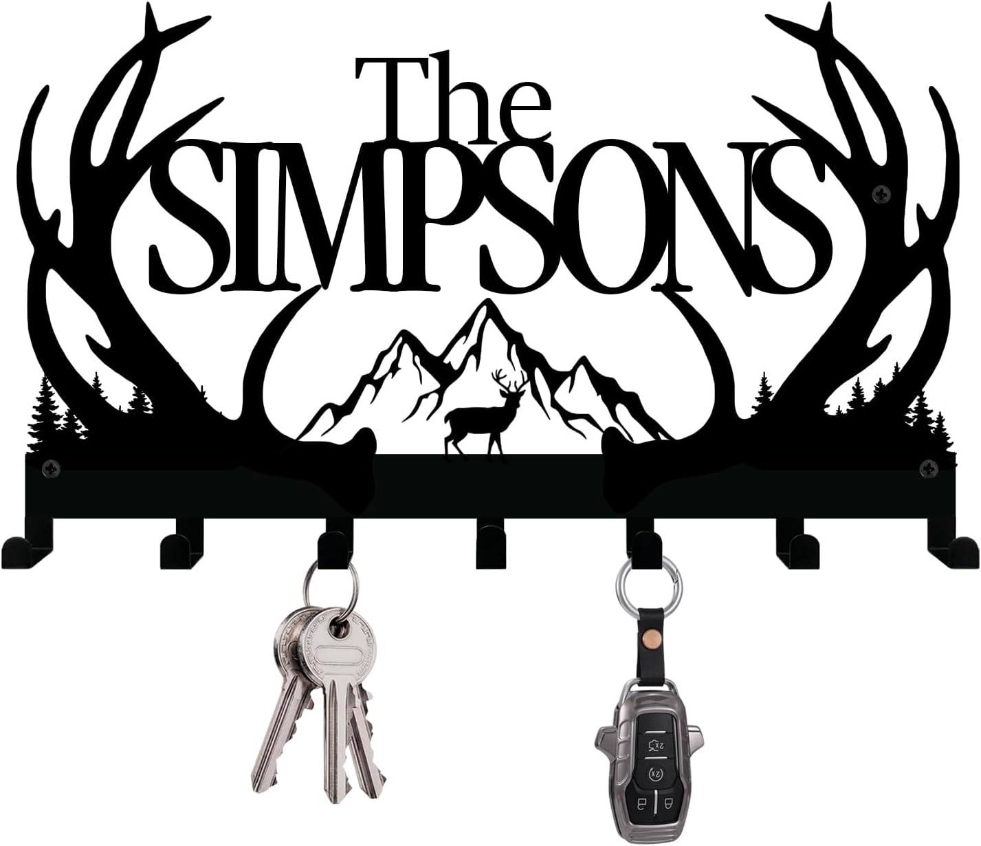 NIWAHO Personalized Family Name Metal Wall Sign with Hooks – Rustic Deer Antler Key Holder Wall Mount Customized Name for Entryway, Mudroom, Kitchen, or Bathroom Decor