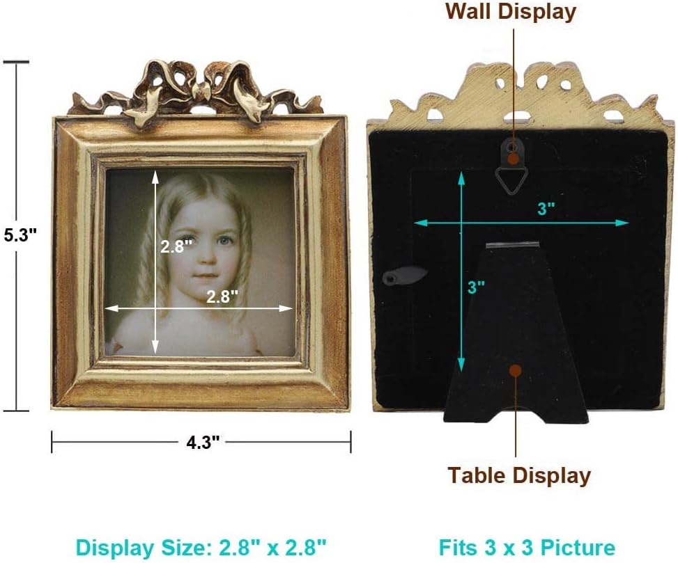 SYLVIA'S SHOP Small Vintage 3x3 Square Picture Frame, Mini Antique Ornate Photo Frame, Table Top Display and Wall Hanging Home Decor, Old Fashioned Photo Gallery Art Deco, Bronze Gold