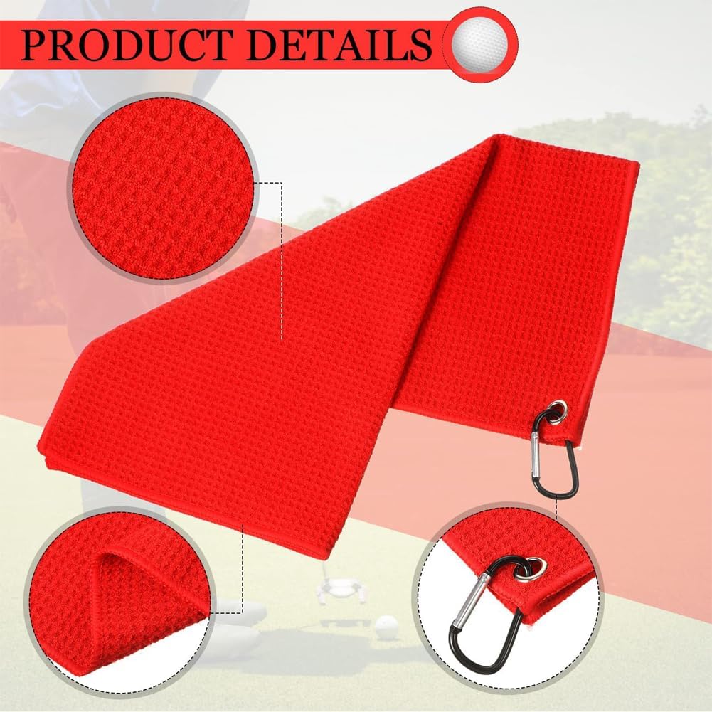 Golf Towels, Golf Towel and Brush Set, with Microfiber Waffle Design Golf Towel 16" X 24" with Hook and Loop Fastenerl and Retractable Zip-line Golf Club Brush (Red)