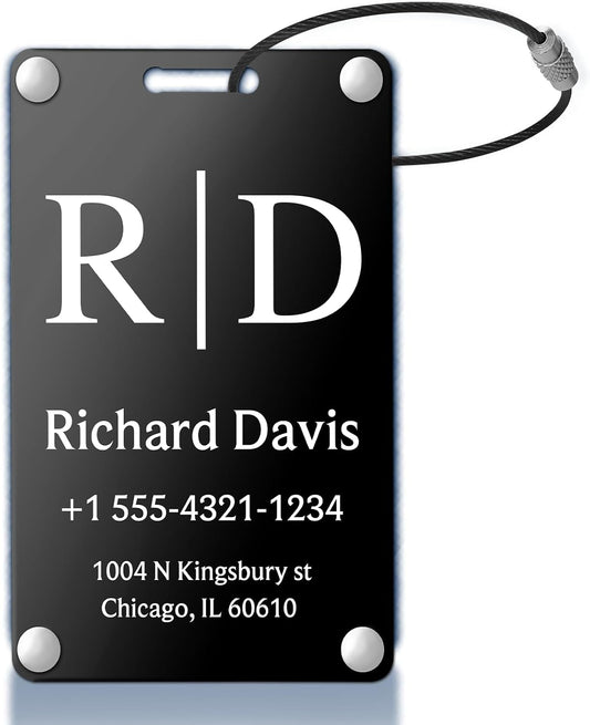 Personalized Luggage Tags for Suitcases - Monogram Style Aluminum Custom Luggage Tags for Backpacks & Bags, Sturdy, Waterproof & Heavy Duty (Black/Card-Sized)