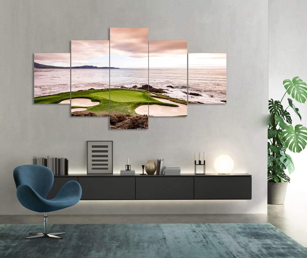 California Coastline Golf Course Wall Art Pictures USA California Golf Course Wall Decor for Living Room Bedroom Bathroom Home Decorations Canvas Prints Framed Ready to Hang(60''W x 40''H)