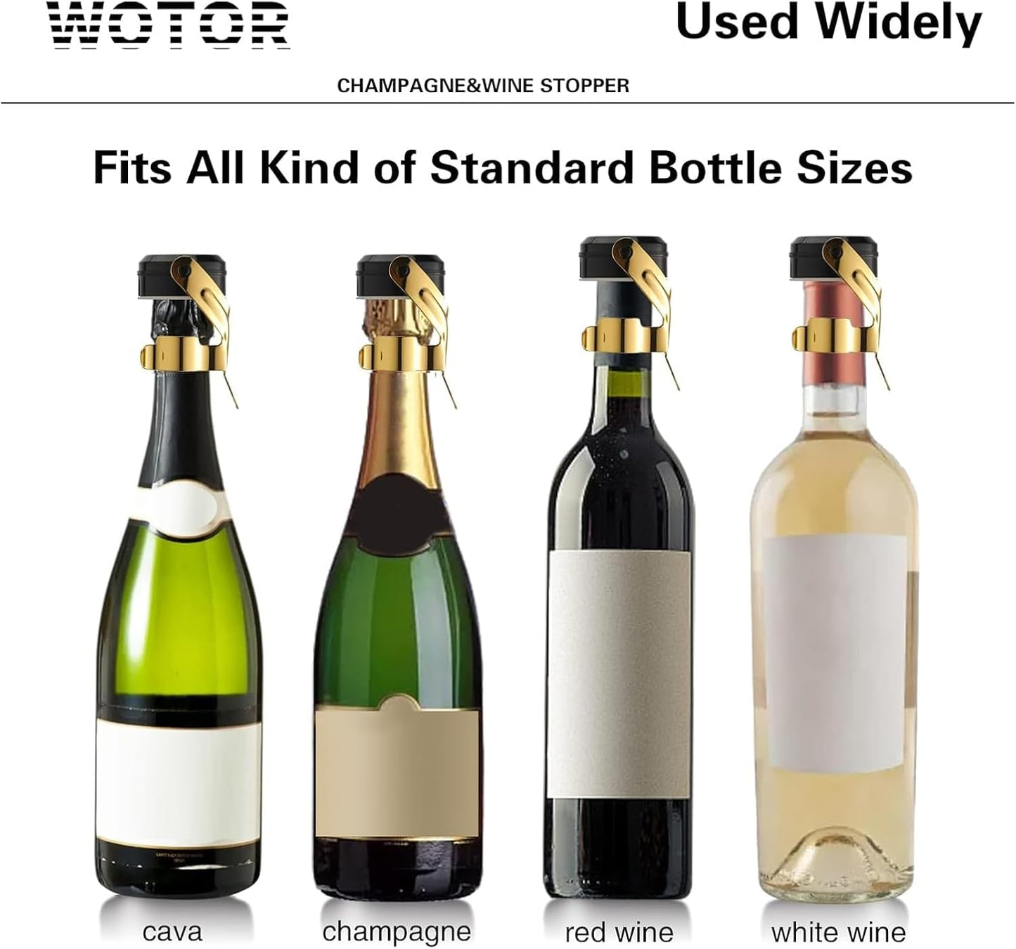 WOTOR Champagne&Wine Bottle Stoppers Stainless Steel with Food Grade Silicone, Leak Proof Keep Fresh Reusable Saver, Cork Suitable for Wine, Champagne, Cava, Prosecco and Sparkling (2 Pack Gold