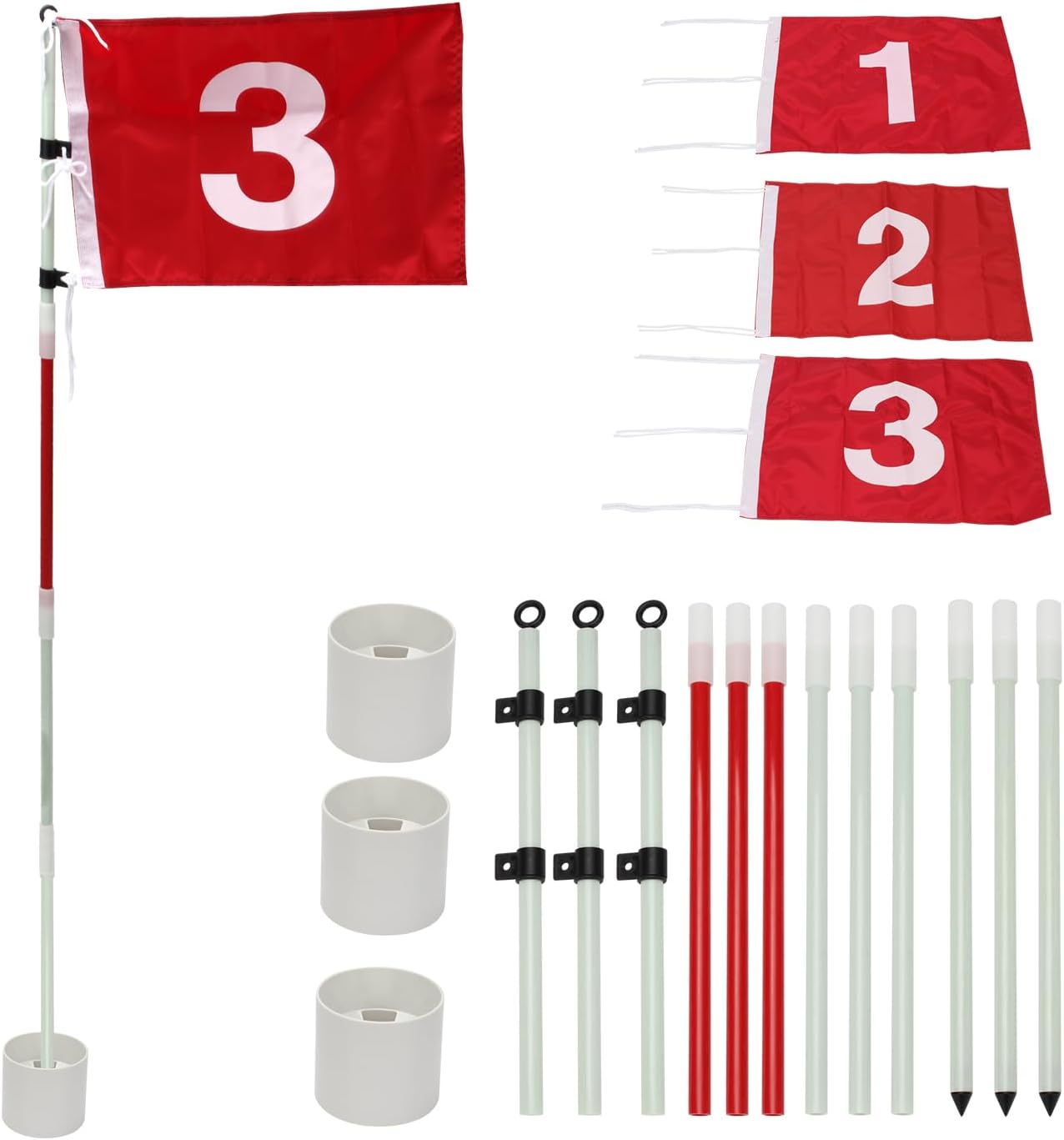 Golf Flagstick 6ft, Nylon Pin Flag ABS Hole Cup Set, Portable 5 Section Design Numbered Flags for Driving Range Backyard, Putting Green Flags for Golf Practice (Common, 123, Pack)