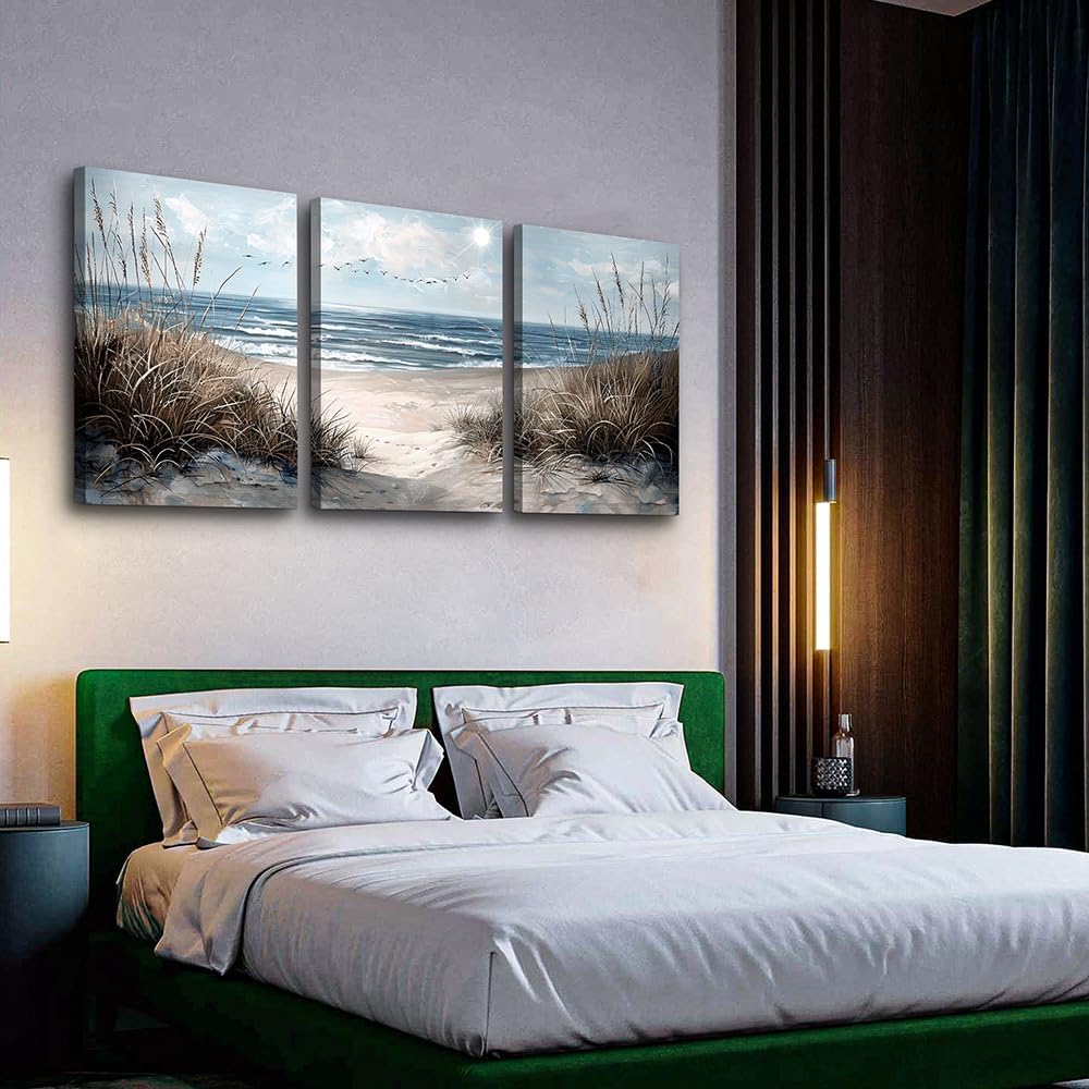 TTHYUEWS Wall Art For Living Room Wall Decor For Bedroom Modern Office Pictures Blue Sea Beach Posters Canvas Painting Wall Art Bathroom Seascape Prints Artwork Canvas Art Framed Ready to Hang 3pcs