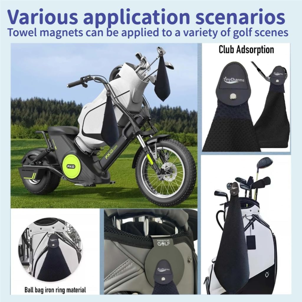 Magnetic Golf Towel, 16"x16" Black Microfiber, Strong Magnet & 3 Grommet Design, Carabiner Hook, Super Absorbent & Easy Clean, Golf Bag Accessory