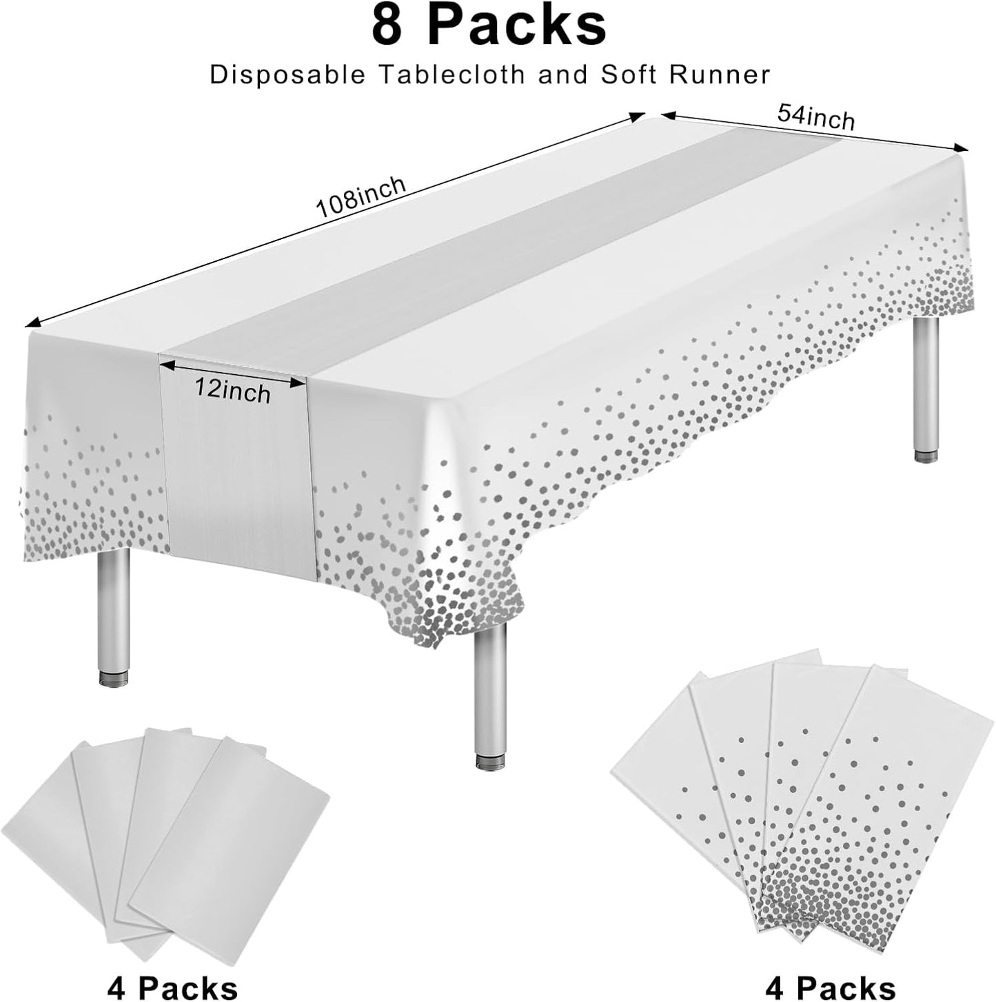 8 Packs Plastic Table Cloth Rectangle Table Disposable and Satin Table Runner, White and Silver Tablecloth Table Runner Cover for Baby Shower Birthday Wedding Anniversary Engagement Party Decorations