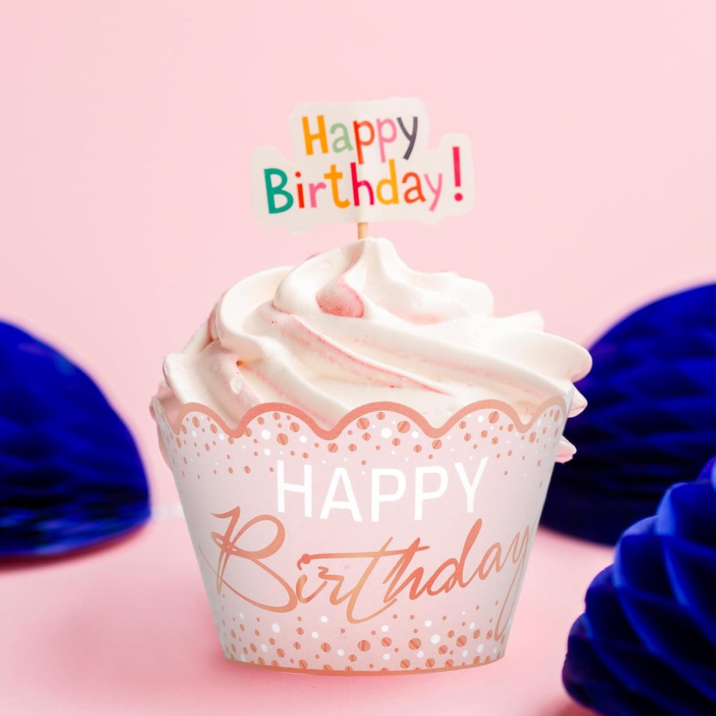 Whaline 36Pcs Happy Birthday Cupcake Wrappers Pink Dots Cupcake Liners Decorative Cupcake Holders for Baby Shower Birthday Party Cake Decoration