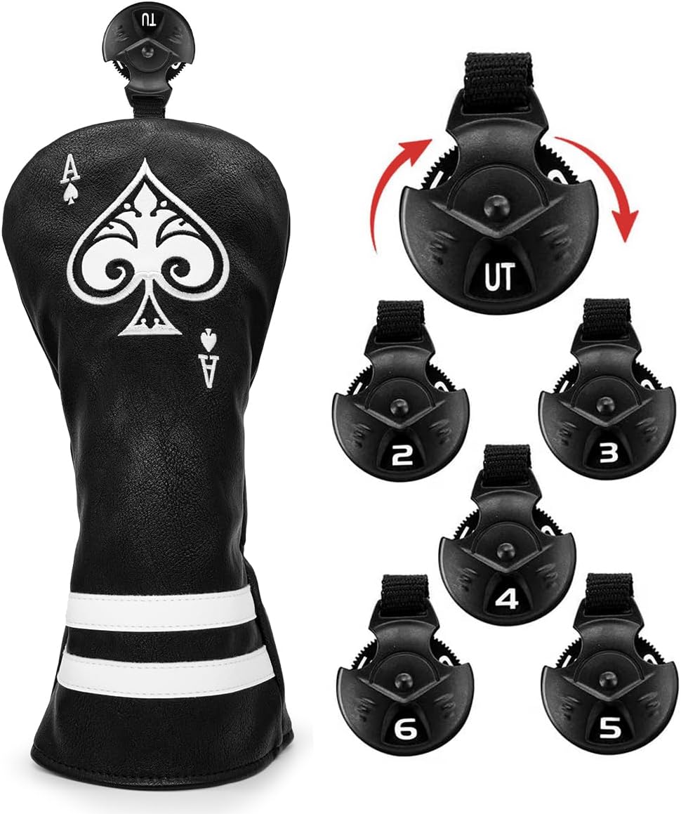 Black Golf Ace of Spade Golf Club Cover for Golf Clubs - Hybrid Headcover Golf Driver Headcover 3 Wood Head Cover (Rotatable 2 3 4 5 6 Ut Head Cover) Putter Headcover