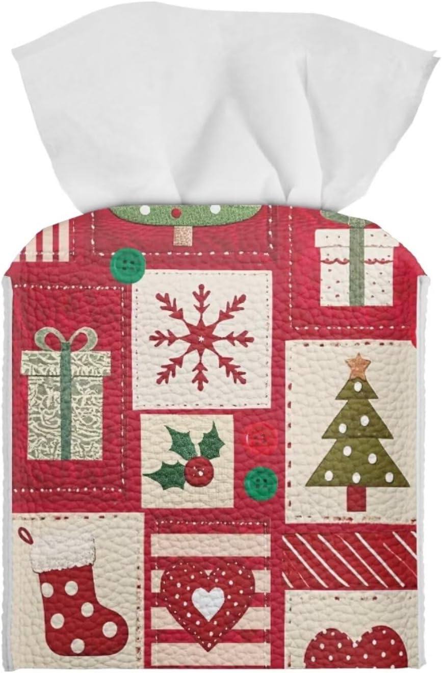 Christmas Tissue Box Cover Square Leather Tissue Cover Red Facial Paper Box Holder for Desk Bathroom Vanity Countertop 5x5x5 inch Xmas Home Decor