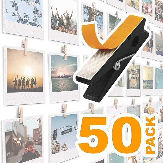 50 Pack Mini Self Adhesive Clips for Pictures - Black Wood Clip Photo Holders for Wall, Poster Hanger, Photo Cards Hanging Display Board & Picture Boards, Artwork Photos Holders Card Room Decor