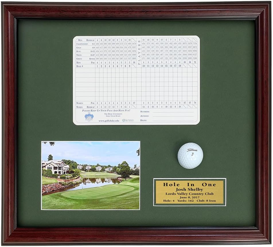 Golf Hole-in-One Shadowbox | Displays Ball, Scorecard, and Photo | 3 Frame Colors | Engraved Plate | Install Scorecard & Ball Yourself | Upload Your Photo | Made in The USA (Cherry)