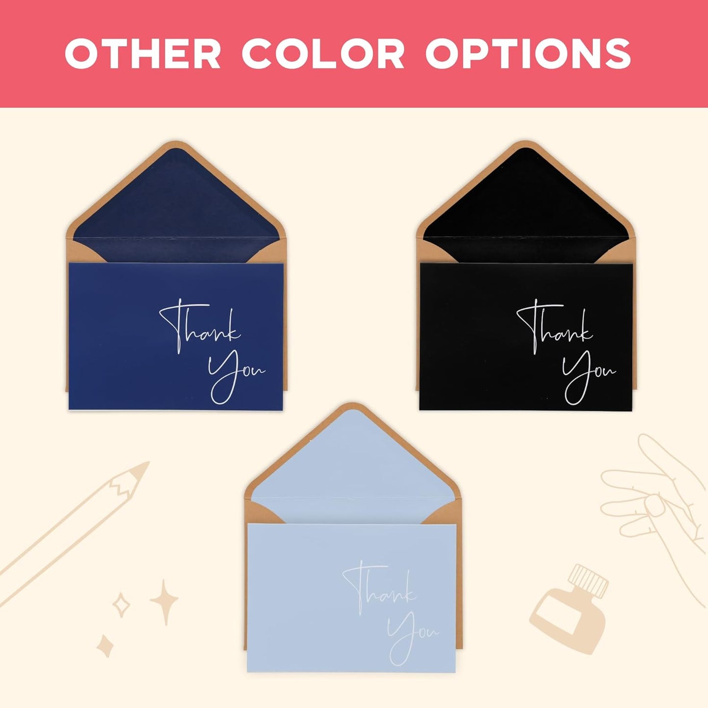 VNS Creations 50 Pack Thank You Cards With Envelopes, Stickers, 3.5x5 Inch Blank Thank You Notes - Bulk Box Set Notes for Graduation, Wedding, Small Business, Baby & Bridal Shower Card - Black