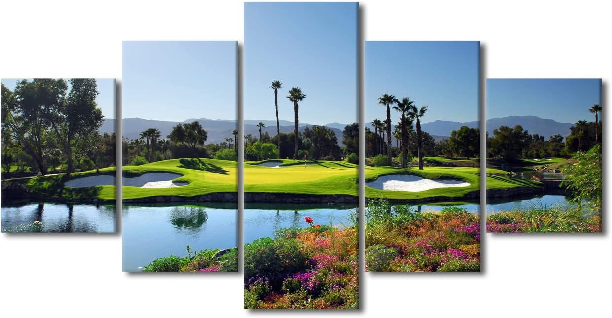 Golf Paintings Bedroom Wall Decor Green Lawn Pictures Multi Panel Canvas Wall Art Premium Quality Artwork Contemporary Home Decorations Framed Stretched Posters and Prints Ready to Hang - 60"W x 32"H