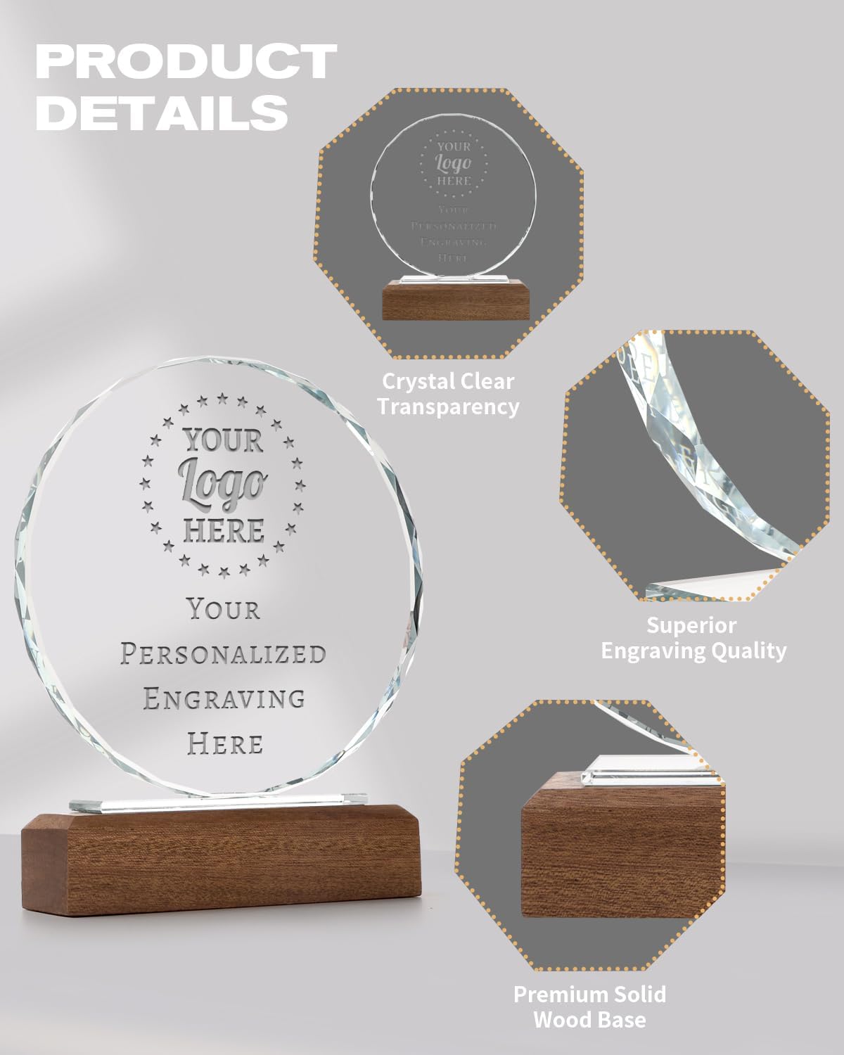 Personalized Crystal Trophy Award with Solid Wood Base - Custom Engraved Plaques for Employee Recognition, Sports Trophies, Thanks Gifts