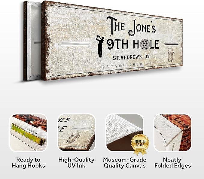 TAILORED CANVASES Golf Art Decor - Personalized Vintage Golf Wall Art Sign for Man Cave, Bedroom, Basement, Home Bar and Custom Gift for Husband, Dad, Wedding & Anniversary - 19th Hole Sign, 48"x16"