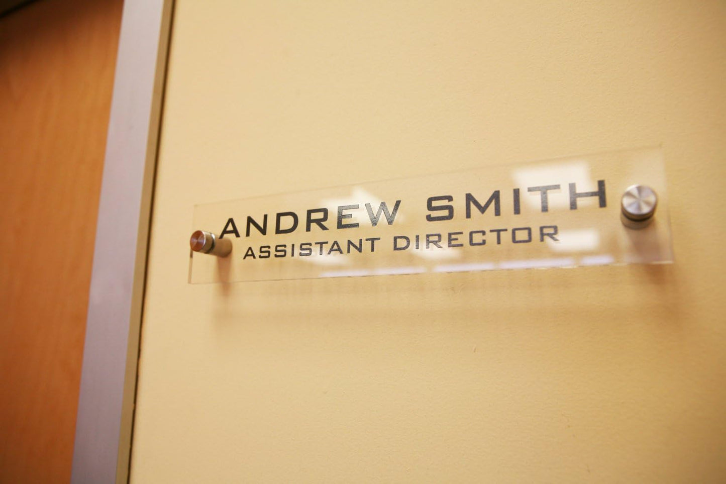Personalized Office Wall Name Plate Sign. Modern Stainless Steel Legs (Clear See Through)