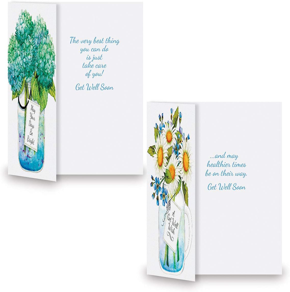 Mason Jar Get Well Greeting Cards - Set of 8 (4 Designs), Large 5" x 7", Sympathy Cards with Sentiments Inside, White Envelopes