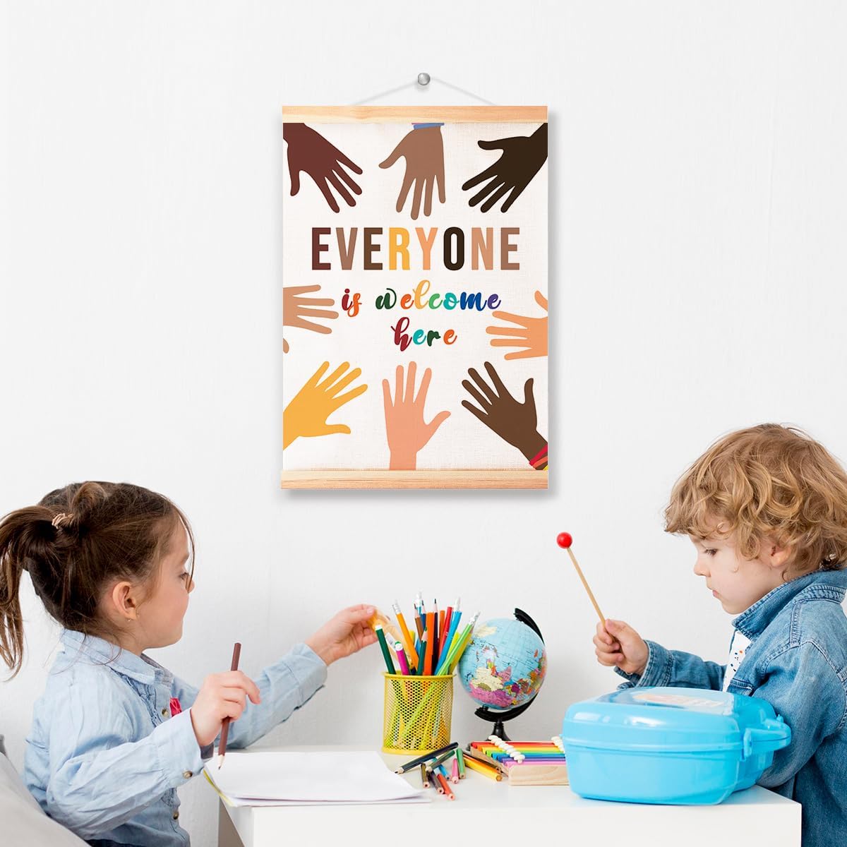 Multicultural Diversity Equality Poster Hanger Frame for Classroom School Nursery Wall Decor,Every One is Welcome Here Classroom Canvas Wall Art Poster Print Wall Hanging 16x12in