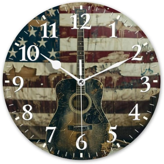 Guitar Wall Clock Non-Ticking Silent Clocks Battery Operated Analog Decor Clock for Home-Acoustic Guitar Leaning Against Old American Flag(10inch)