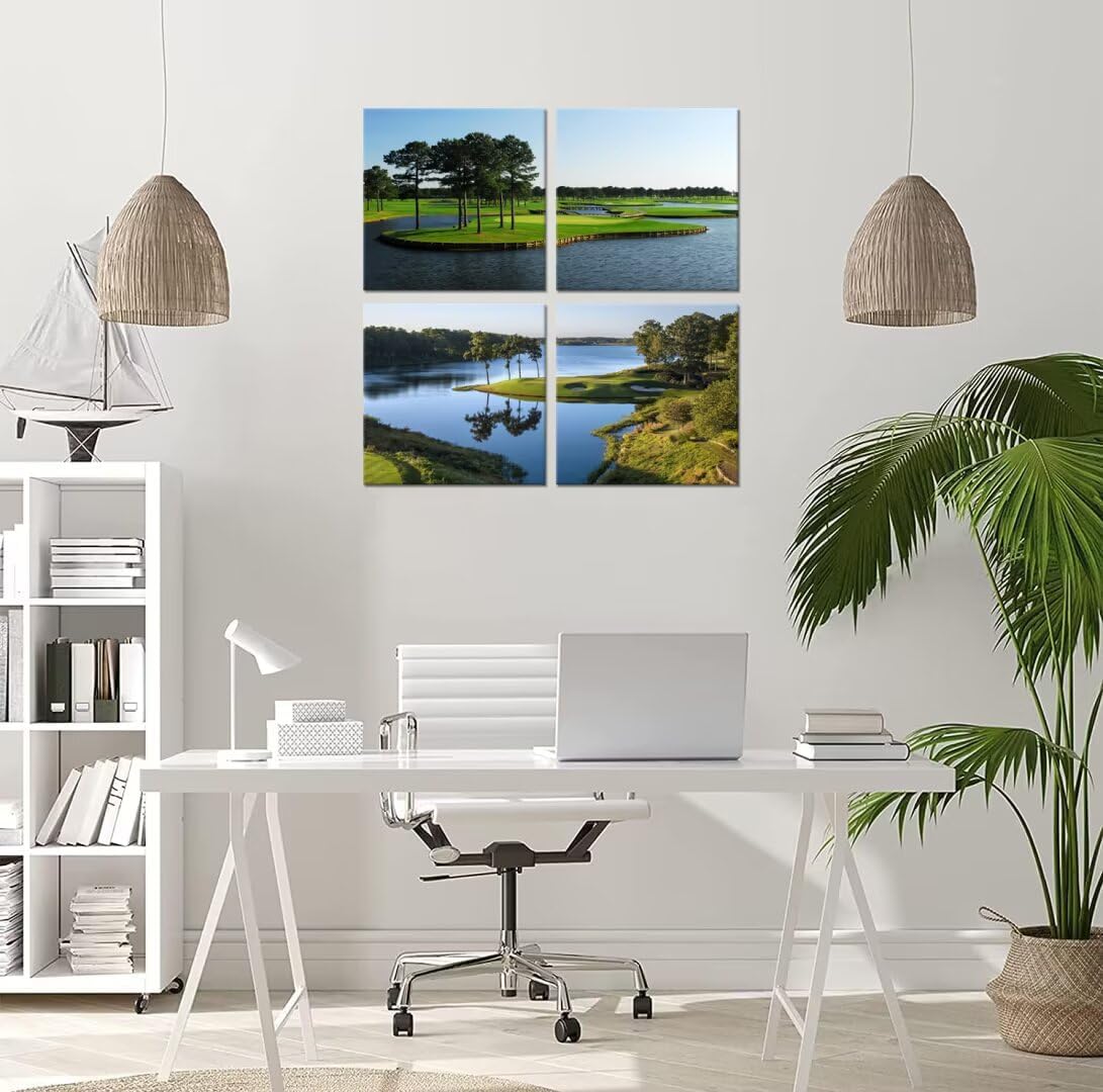 Pankila Usa Golf Course Wall Art California Golf Canvas Wall Decor Blue Green Abstract Wall Pictures Painting Modern Minimalism Frame Artwork for Living Room Bedroom Office (24''W x 24''H x 4)