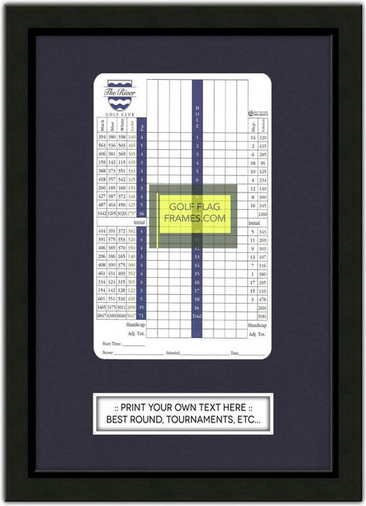Custom Size Golf Scorecard Frame; Black Wood Frame 416, You choose Scorecard Size and Mat Color; scorecard and verbiage not included (Scorecard Size 5x8V, Mat Color True Navy)