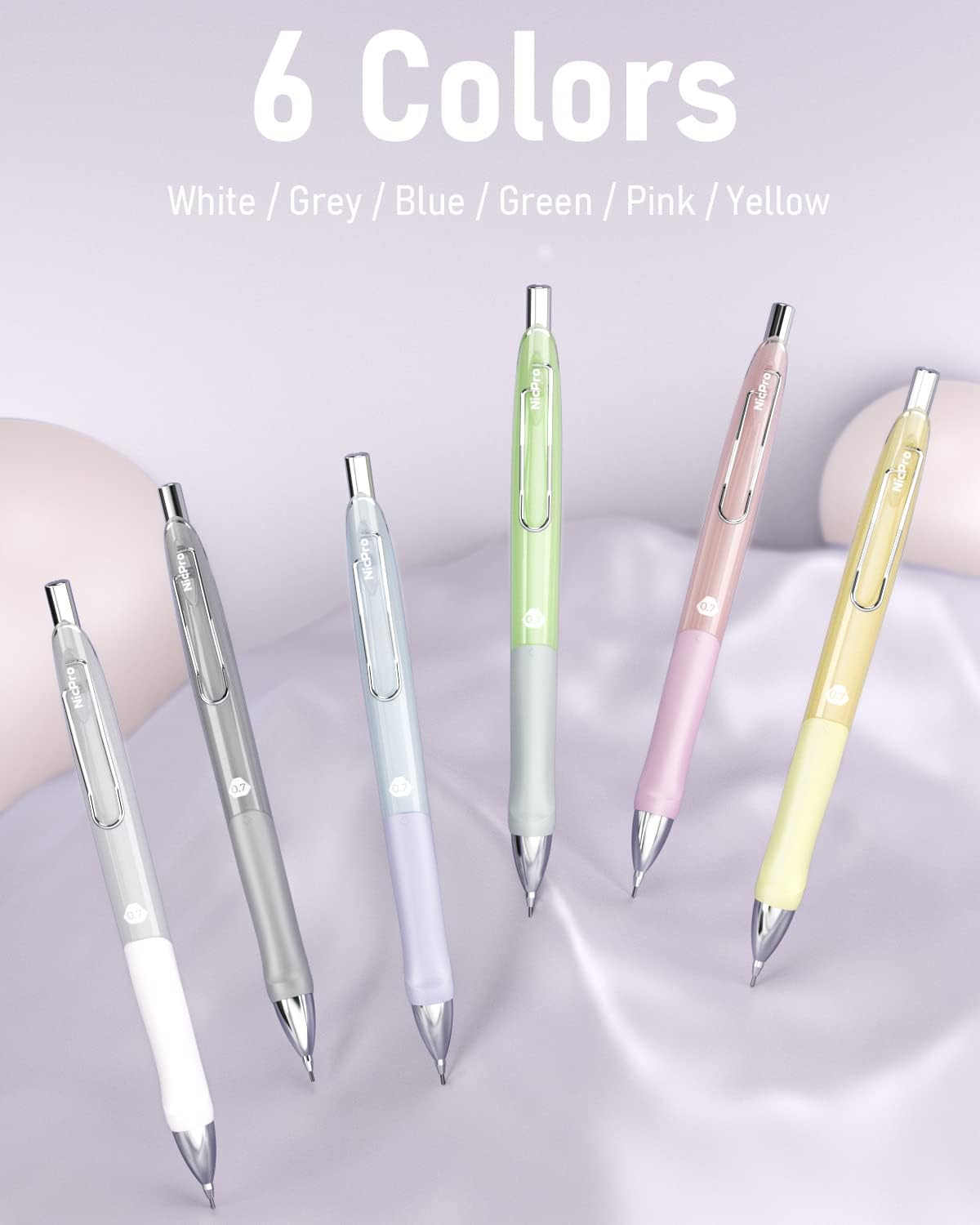 Nicpro 6PCS Pastel Mechanical Pencil Set 0.7 mm, Cute Mechanical Pencils with Comfort Grip with 12 Tubes HB Lead Refill, 3 Eraser, 9 Eraser Refills for Student Writing, Drawing, Sketching- with Case