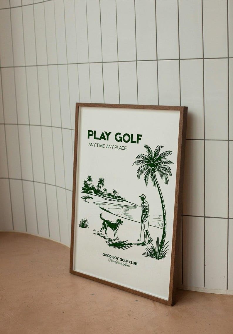Nationcog Play Golf Poster, Golden Retriever Dog on Golf Course Wall Art, Retro Beach Scene Sketch Print, Vintage Golf Print, Great Gift Idea for Players and Coaches (Unframed) (9x11)