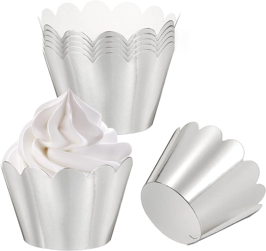 PATIKIL Cupcake Wrappers Paper, 50 Pack Baking Cups Standard Wave Decoration for Anniversary Birthday Weddings and Parties, Reflective Silver