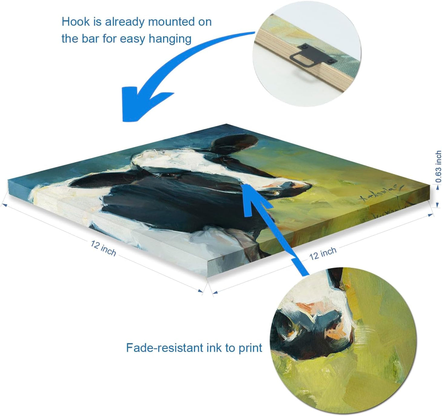 JZLDZS Farmhouse Cow Pictures Wall Decor Country Cow Canvas Wall Art Rustic Wall Decor for Living Room Kitchen Bedroom Bathroom Office, 12x12 Inch Ready to Hang