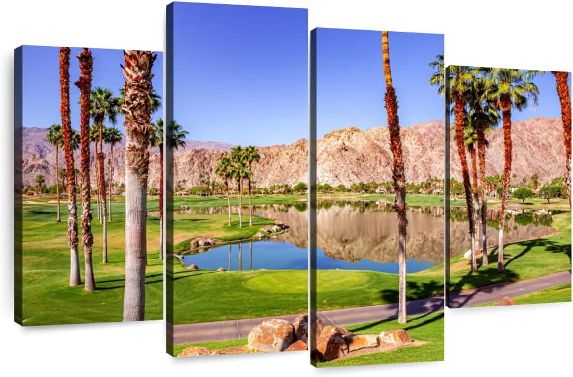 Elephant Stock La Quinta Golf Course Wall Art - Horizontal Canvas - 4-Piece Living Room Wall Decor - Photography Sports Canvas Print - Beige and Brown Decor for Wall - 36" X 22"