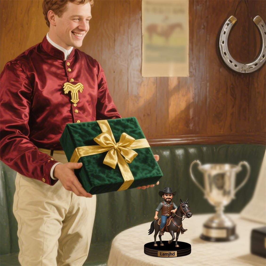 Personalized Horse Rider Cartoon Acrylic Desktop Sign with Name Custom Horse Racing Portrait Figurine Decor Race Horses Sculpture Desk Ornament for Men Women Family Couple Christmas Birthday