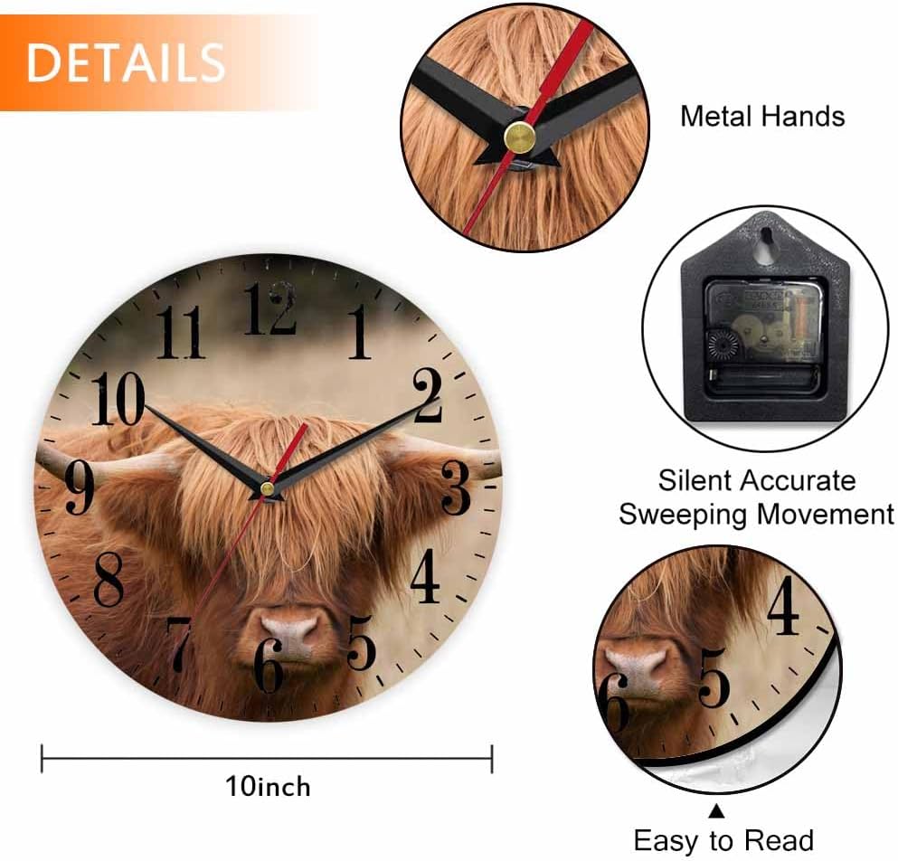 Mxocom Cow Wall Clock Brown Highland Cattle Cow Animal Farming Countryside 10 Inch Silent Non Ticking Battery Operated Clock Vintage Round Clock for Living Room Bedroom Bathroom Office Decor