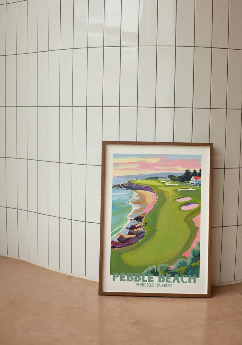Nationcog Pebble Beach Golf Course Poster, Vintage California Travel Wall Art Print, Retro Coastal Landscape Painting, Unique Golf Course Poster for Collectors and Sports Fans (Unframed) (12x18)