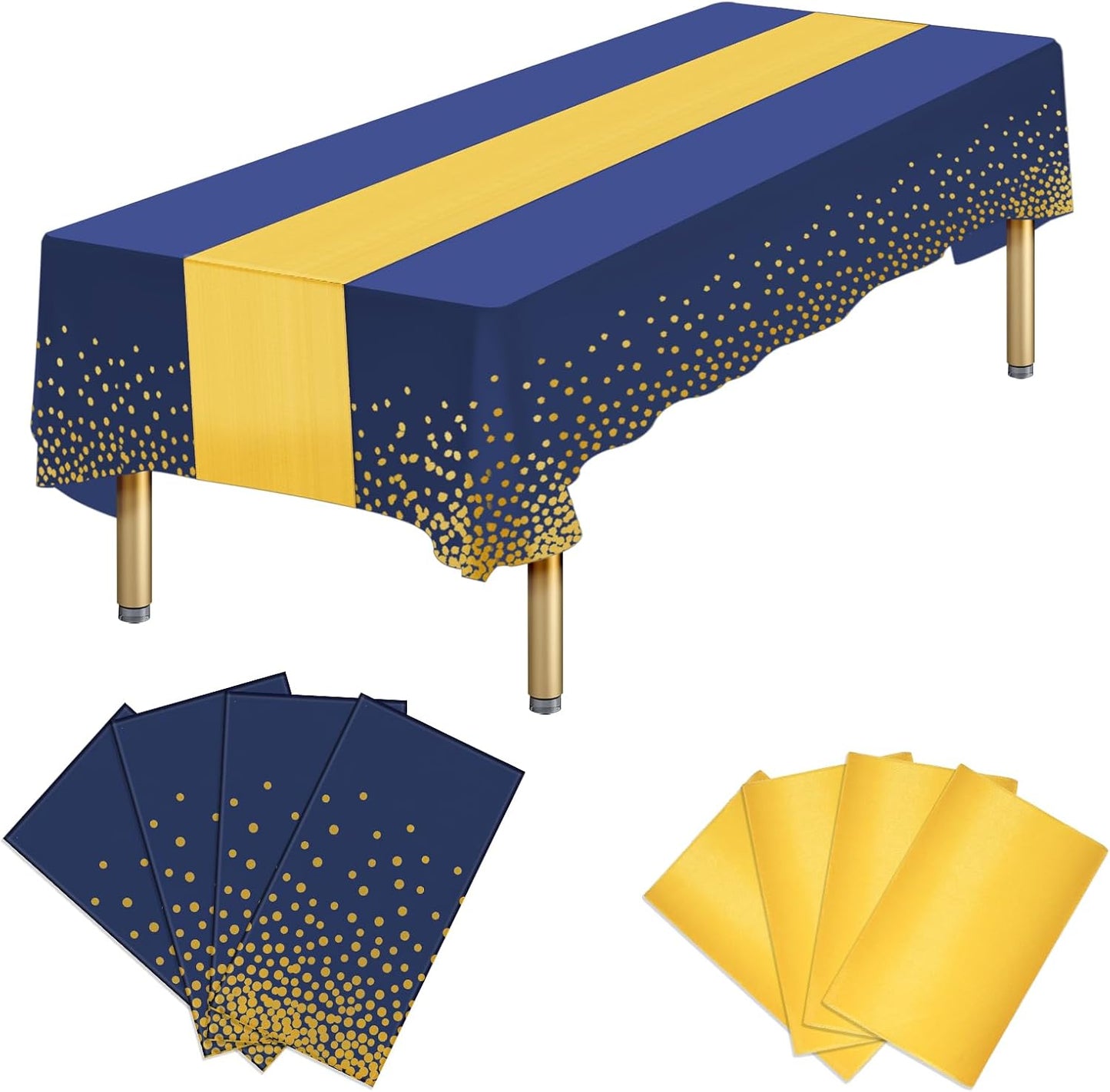 8 Packs Disposable Rectangle Tablecloth and Satin Table Runner, Blue and Gold Plastic Table Cloths for Parties Table Cover for Baby Shower Birthday Wedding Anniversary Engagement Party Decorations