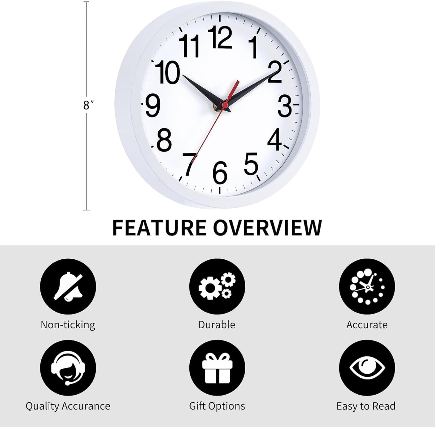 Wall Clock Modern 8 Inch Battery Operated Silent Non Ticking Small Analog Clock Decorative for Bedroom Kitchen Bathroom Office Home (White)