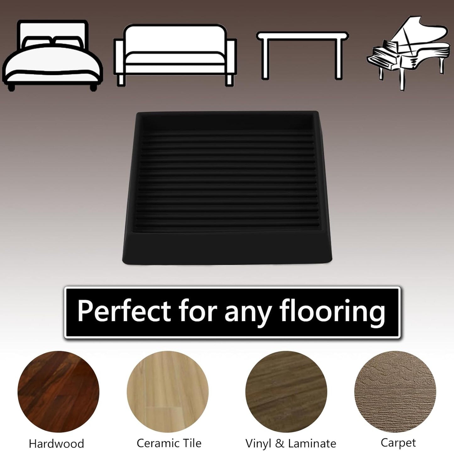 3x3 Square Rubber Furniture Caster Cups, Anti-Sliding Furniture Pads Bed Stopper Floor Protectors with Grip - Protect Any Flooring